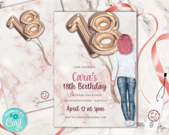 18th Birthday Rose Gold Marble Invitation Printable Template, Foil Balloon Editable Birthday Party Invitation for Women Girls, Printable