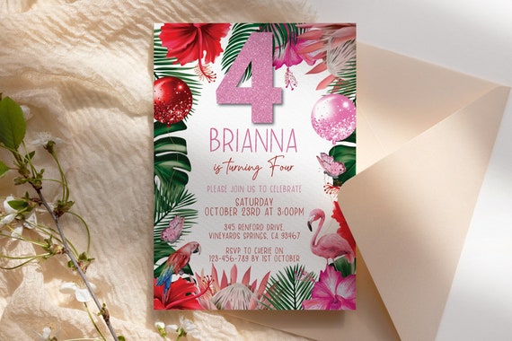 Tropical Flamingo Birthday Floral Invitation, Any Age Party invite, Editable Pink Glitter Number, Any Occasion Invite, Girls Summer Party