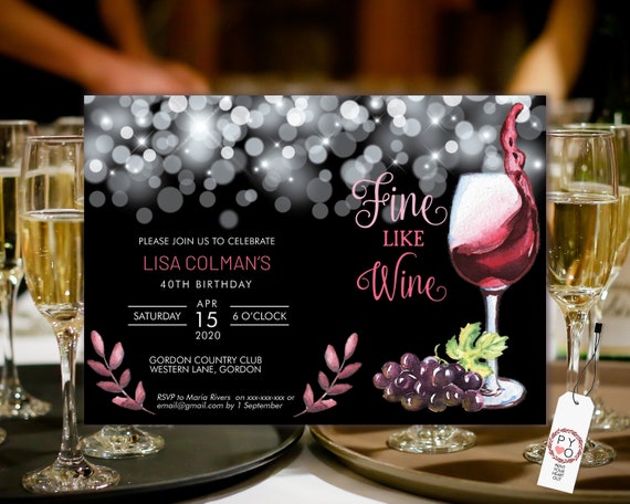 Wine 40th Birthday Invitation Printable Template, Black White Sparkle Horizontal Birthday Party Invitation Women, Printable Red Wine Invite