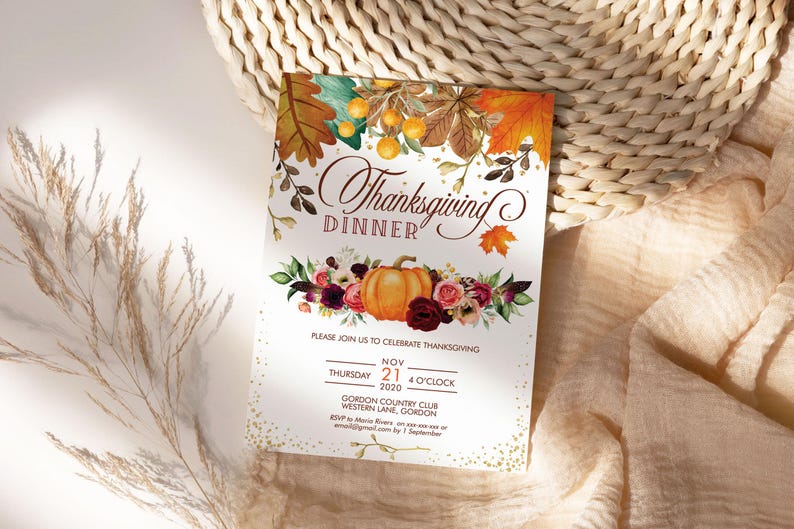 Thanksgiving Invitation Floral Pumpkin Bundle | Welcome Sign, Menu, Placecard, Friendsgiving Dinner image 6