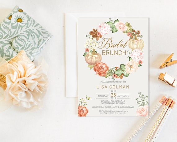 Autumn Pumpkin Floral Bridal Shower Invitation, Fall Shower Invitation, Printable Bridal Shower, Editable Template, Watercolor Autumn Rose