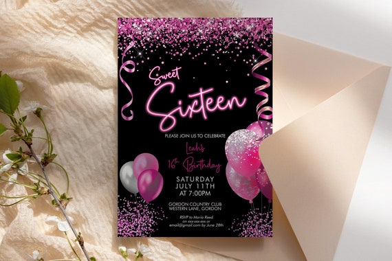 Sweet Sixteen Neon Pink Glitter Birthday Balloons Invitation Printable Template, Hot Pink 16th Editable Party Women, Magenta Ribbon Card