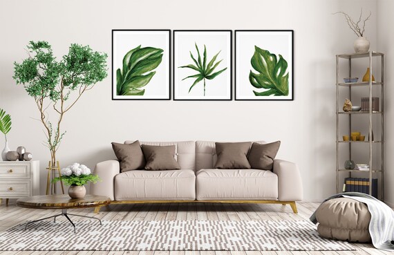 Tropical Green White Art Print Set | Printable Palm Monstera Art | Art Print | Botanical Wall Art | DIY Living Room Wall Art | Set 3 Prints