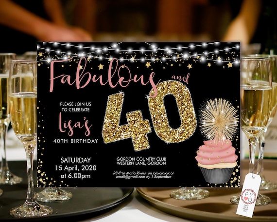 Cupcake 40 Birthday Invitation Printable Template, Sparkle High Tea Birthday Party Invitation Women, Printable gold pink lights Invite