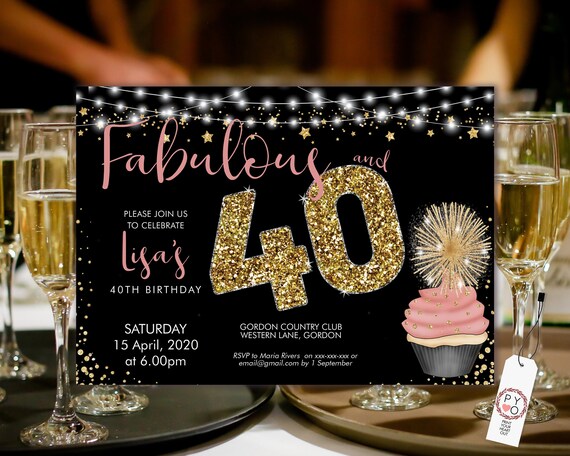 Cupcake 40 Birthday Invitation Printable Template, Sparkle High Tea Birthday Party Invitation Women, Printable gold pink lights Invite