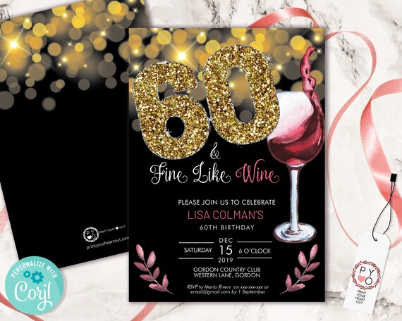 DIY 60th Birthday Wine Invitation Printable Template, Black Gold Glitter Fine Wine Editable Birthday Party Invitation, Printable Red Wine