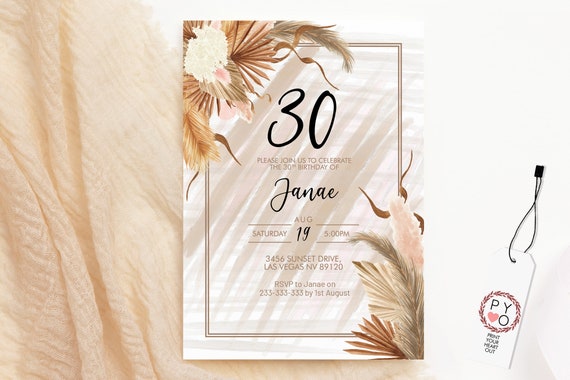 Pampas Grass Birthday Invitation, Boho Dried Palm Leaf Invitation, Printable Lunch Dinner Party, Tropical Floral Pink Editable Template