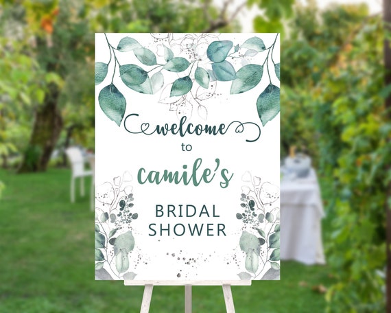 Teal Foliage Bridal Shower Sign, Modern Green, Bridal Welcome Sign, Outdoor Welcome Sign, Printable Sign, Silver Greenery Foliage Shower