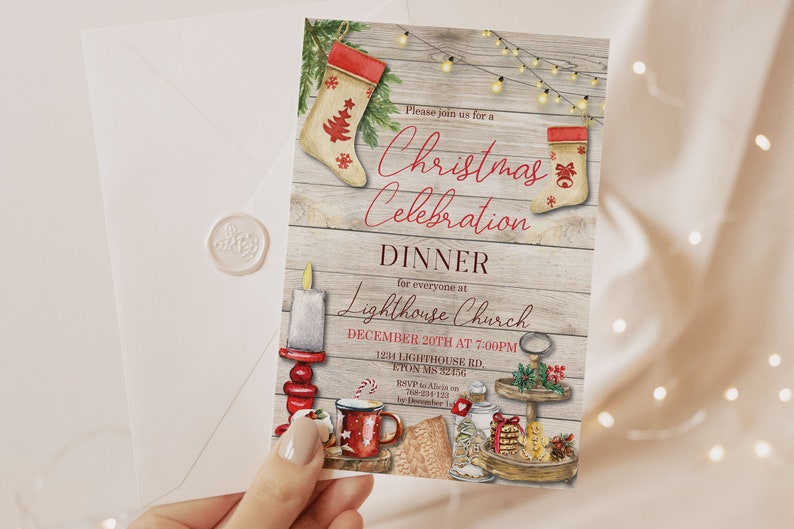 May include: A Christmas Celebration Dinner invitation with a rustic wood background. The invitation features festive illustrations of stockings, a candle, and a mug. The text reads "Christmas Celebration Dinner" and includes event details.