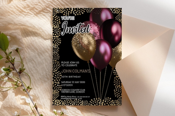 Burgundy Gold Glitter Birthday Balloons Invitation Printable Template, Shiny Glitter Editable Birthday Party Invitation, Unisex Printable