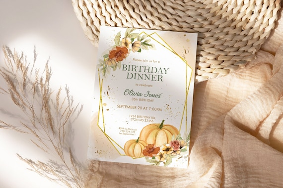 Fall Pumpkins Gold Frame Birthday Invitation,  Floral Autumn Leaves Invitation, Printable Dinner Lunch Party, Editable Template for Women