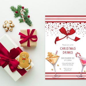 May include: A Christmas-themed invitation with the text "Christmas Drinks" and a date. The invitation is accompanied by wrapped gifts with red bows, gingerbread cookies, and festive greenery.