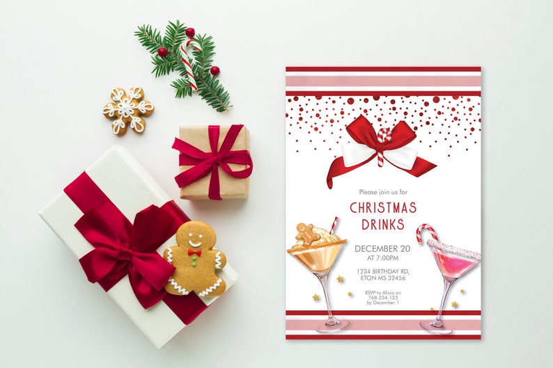 May include: A Christmas-themed invitation with the text "Christmas Drinks" and a date. The invitation is accompanied by wrapped gifts with red bows, gingerbread cookies, and festive greenery.