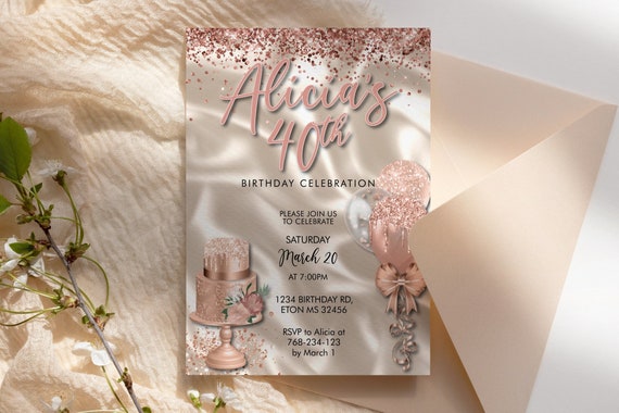 DIY Any Age Birthday Rosegold Ivory Cake Balloons Glitter Invitation Printable Template White Cream Satin Editable Dinner Drinks Party Women