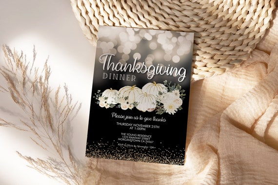 Thanksgiving Dinner Party Invitation, White Gold Pumpkin Invite, Friends Family Party at Home, Turkey Dinner Invite, Fall Autumn Floral