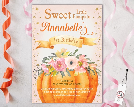 1st Birthday Sweet Little Pumpkin Fall Invitation Printable Template, One Editable Invitation, Gold Glitter Stars First Birthday, Pink Rose