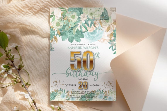 Any Age Birthday Green Gold Cream Floral Invitation Printable Template, Glitter Number, 50th, 60th, 70th, 80th, 90th, 100th, Invite Women