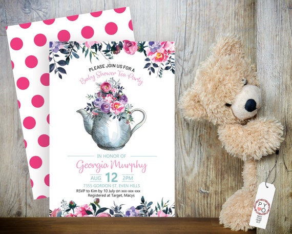 Pink Tea Party Floral Baby Shower Invitation, Baby Girl Shower Invitation, Printable Baby Shower, Editable Template, High Tea Baby Shower