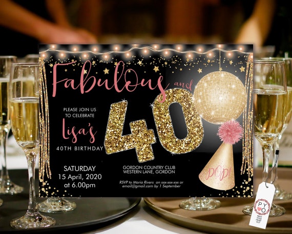 Disco Ball 40 Birthday Invitation Printable Template, Sparkle Horizontal Birthday Party Invitation Women, Printable gold lights Invite