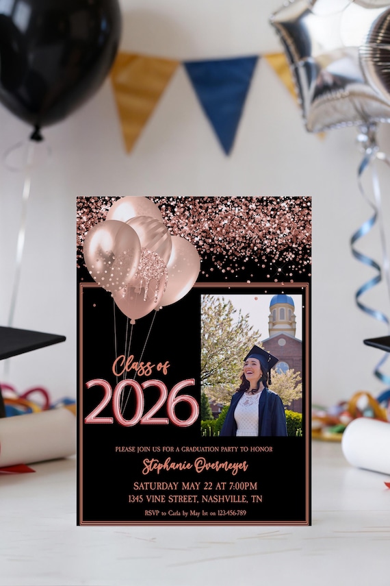 Class of 2026 Graduation Invitation, Black Rose Gold Grad Party Template, Photo Celebration Invite, Editable Senior Announcement