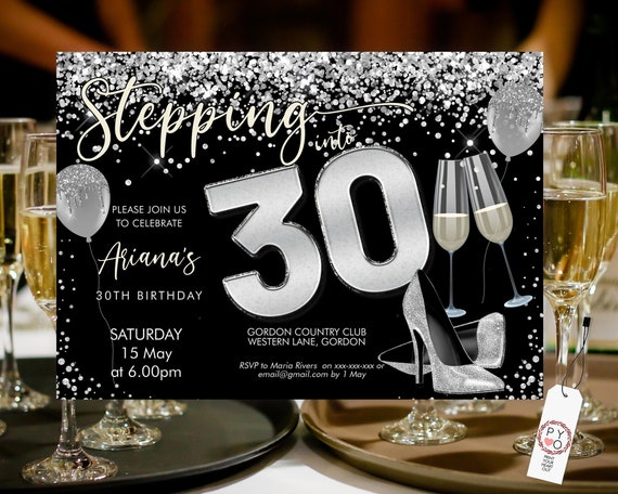 Stepping into 30 Birthday Invitation Printable Template, Horizontal Silver Glitter Heels  Champagne Party Women, Printable balloon Invite