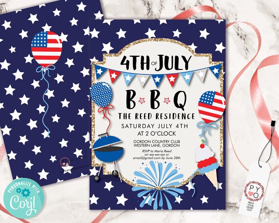 4th of July Celebrate BBQ White Stars Invitation Printable Template, Red White Blue Editable Party Invite, Independence Day Picnic Invite