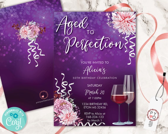 Wine Birthday Invitation Printable Template, Aged to Perfection Editable Birthday Party Invite for Women, Printable Champagne Glass Invite