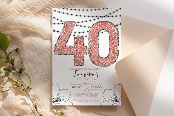 Rose Gold 40th Birthday Floral Invitation Template, Pink Glitter Editable Birthday Party Invite, Printable Forty Invite, Simple Invite