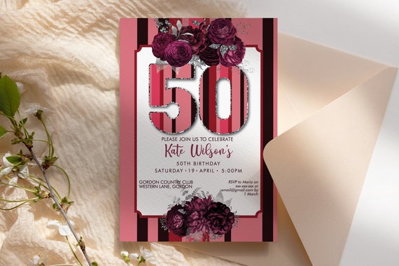 DIY 50th Birthday Burgundy Pink Striped Invitation Printable Template, Silver Floral Print Editable Birthday Party Invitation, Printable 50