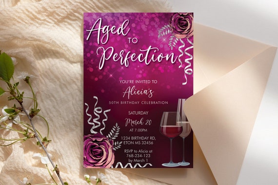 Wine Birthday Invitation Hot Pink Template, Aged to Perfection Rose Editable Birthday Party Invite Women, Printable Champagne Glass Invite