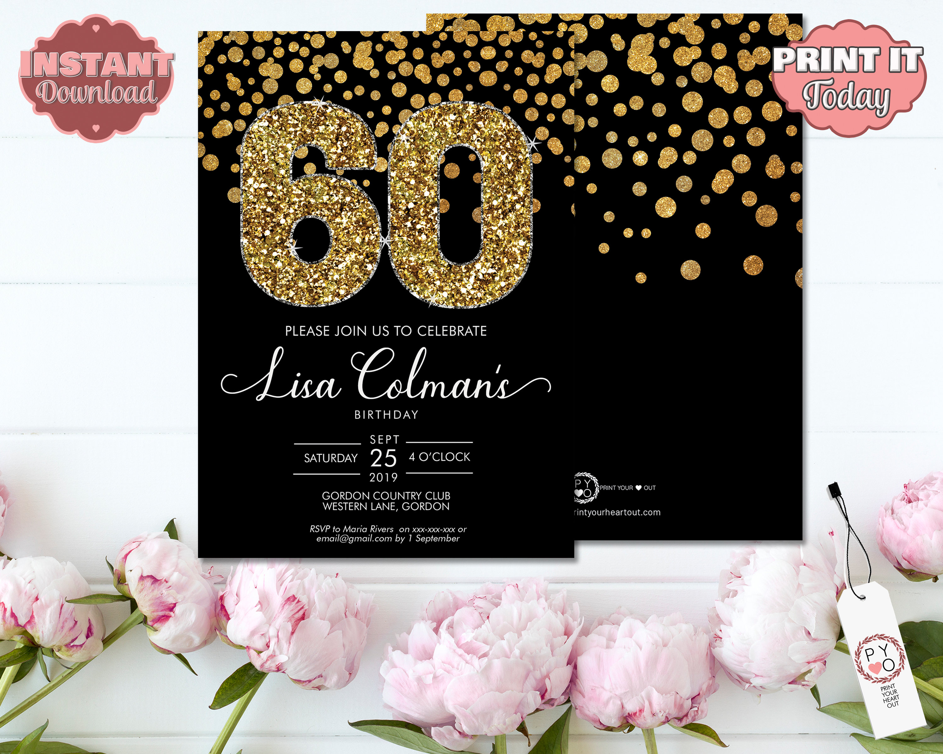 DIY 60th Birthday Confetti Invitation Printable Template Black Gold