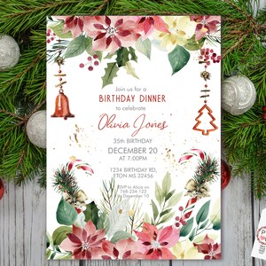 Red Poinsettia Floral Birthday Christmas Invitation (Digital Download) bild 1