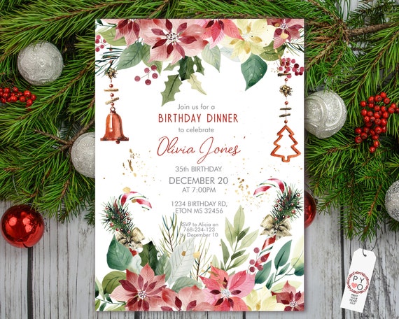 Red Floral Poinsettia Candy Cane Birthday Christmas Party Invitation, Flowers Invite, Traditional, Party, Dinner Lunch Tea Xmas Celebration