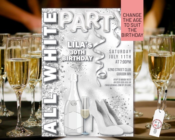 All White Champagne Glitter Heels Birthday Party Invitation Printable Template, Elegant Sexy Shoes Drinks Cocktails Women, Printable Card