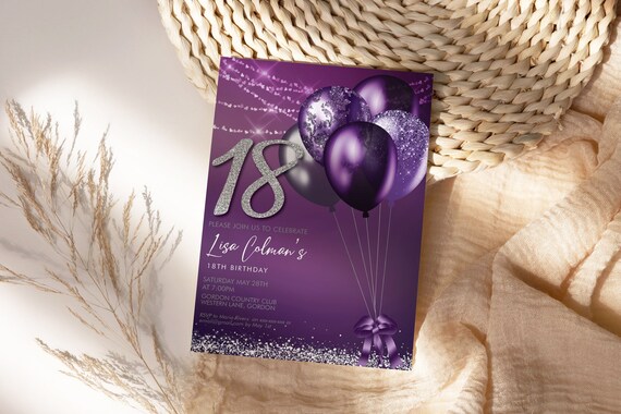 DIY Any Age Birthday Purple Balloons Silver Glitter Number Invitation Printable Template, Lavender Editable Party Invite, Lilac, Mauve