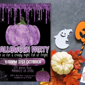 May include: A Halloween party invitation with a purple glitter pumpkin and dripping glitter accents on a black background. The invitation includes the text "Halloween Party" and event details. Additional Halloween decorations are present.