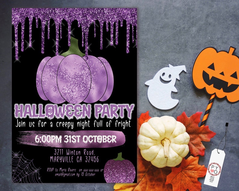 May include: A Halloween party invitation with a purple glitter pumpkin and dripping glitter accents on a black background. The invitation includes the text "Halloween Party" and event details. Additional Halloween decorations are present.