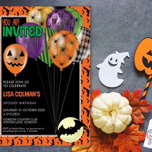 May include: Halloween-themed invitation with orange and black accents. The invitation features balloons with spiderwebs and skull designs. Text reads "You are Invited" and details for Lisa Colman's Spooky Birthday.