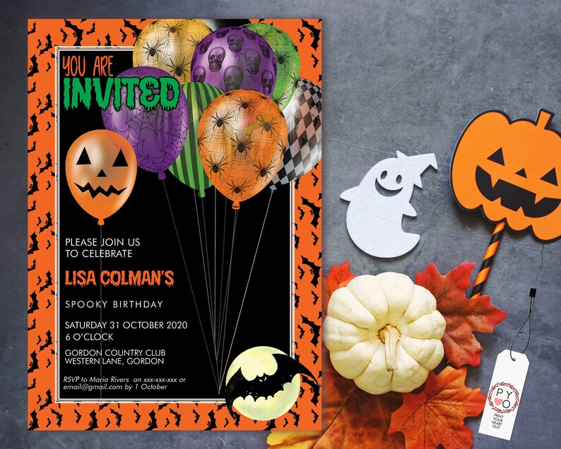May include: Halloween-themed invitation with orange and black accents. The invitation features balloons with spiderwebs and skull designs. Text reads "You are Invited" and details for Lisa Colman's Spooky Birthday.