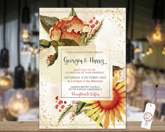 Sunflower Gold Glitter Fall Floral Wedding Invitation, Autumn Invitation, Watercolor Fall Invitation, Printable, Editable Template,  Invite