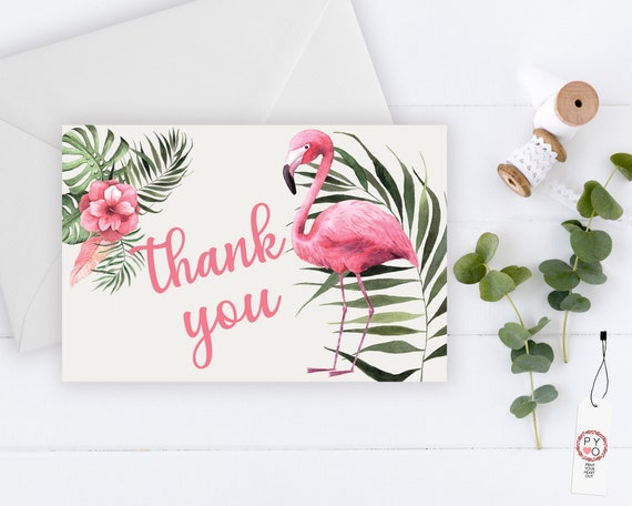 Pink Flamingo Thank You Card, Blush Hibiscus, Tropical Hawaii Thank You, Printable Thank Yous Card, Palm Tree Thank You, Thanks Wedding