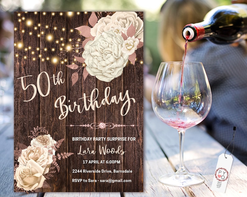 50th Birthday Invitation: Cream Floral Rustic Wood (printable Template ...
