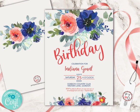 Coral Blue Floral Birthday Invitation Printable Template, Any Age Editable Birthday Invitation for Women, Printable Bright Text Invitation