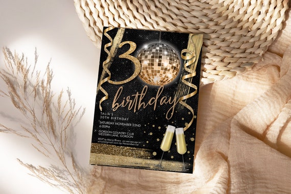 DIY Any Age Birthday Gold Glitter Disco Ball Invitation Printable Template, Black Glam Mirror 80s Retro Dinner Drinks Party Invite Women