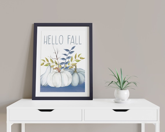 Hello Fall Blue White Pumpkin Digital Print | Printable Autumn Art | Fall Art | DIY Black Wall Art | Kitchen Wall Decor | Instant Download