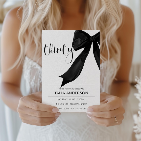 30th Birthday Invitation – Black Bow, Minimalist Design (Editable Template)
