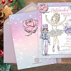 May include: A Nutcracker birthday party invitation featuring illustrations of a ballerina, nutcracker, and mouse. The invitation has a pink and purple gradient background with stars and a large pink rose. Text includes party details.