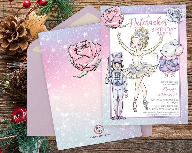 May include: A Nutcracker birthday party invitation featuring illustrations of a ballerina, nutcracker, and mouse. The invitation has a pink and purple gradient background with stars and a large pink rose. Text includes party details.