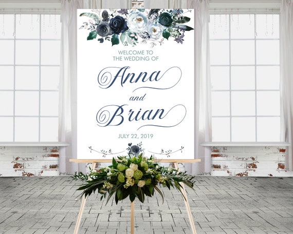 Floral Wedding Sign • White Aqua Grey Navy Blue • Watercolor Flower Feathers • Invite • Welcome Sign • Classic Wedding • Arctic Bloom Series