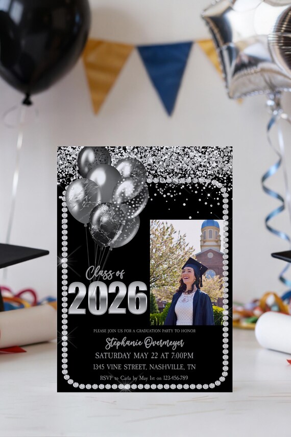 Class of 2026 Graduation Invitation, Black Silver Grad Party Template, Photo Graduation Invite, Editable Senior Announcement